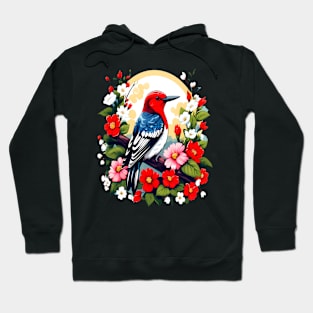 Cute Red Headed Woodpecker Surrounded by Vibrant Flowers Hoodie